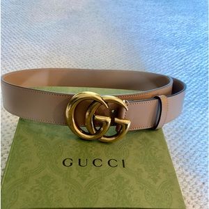 New Gucci Tan Leather Belt Golden Double GG Buckle Womens Sz 85